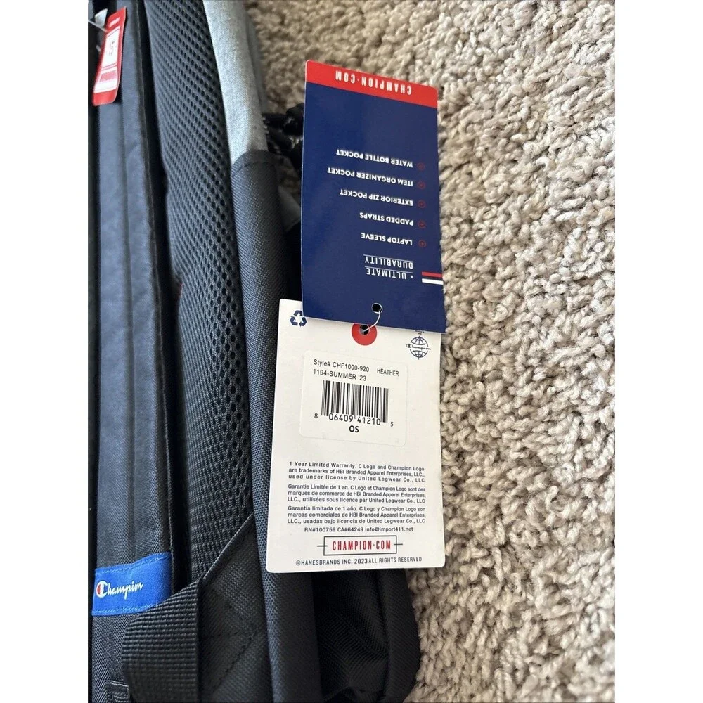 CHAMPION Manuscript Backpack 100% Polyester Grey Black with Laptop Sleeve